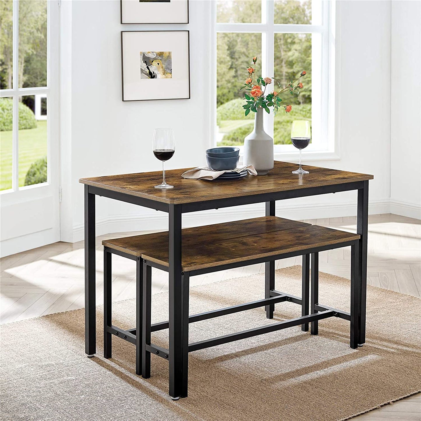 Nancy's Brunhais Eettafel met 2 Banken - Voor 4 Personen - Keukentafel - Eetkamertafel - Bruin ./ Zwart - 110 x 75 x 75 cm