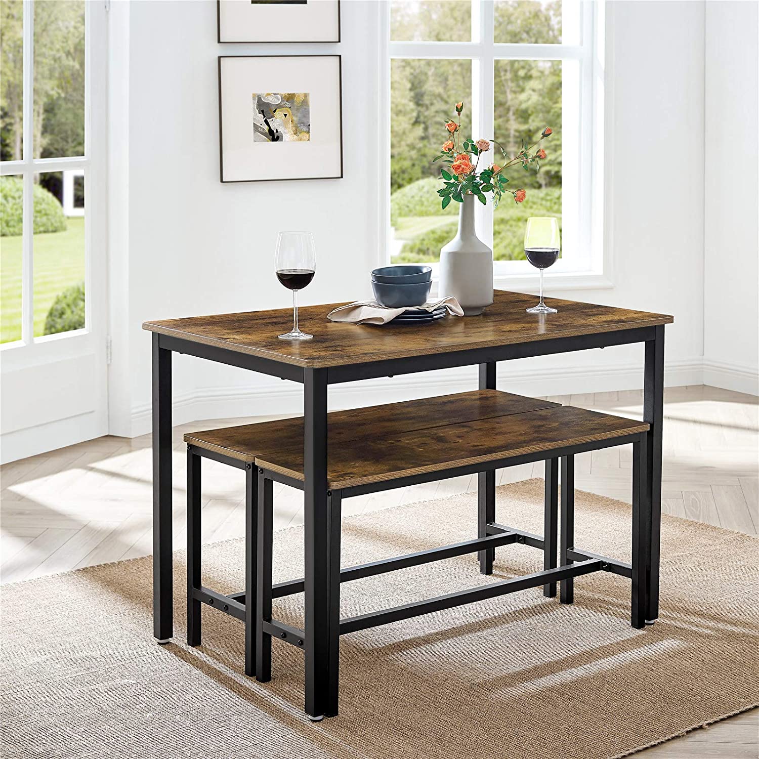 Nancy's Brunhais Eettafel met 2 Banken - Voor 4 Personen - Keukentafel - Eetkamertafel - Bruin ./ Zwart - 110 x 75 x 75 cm