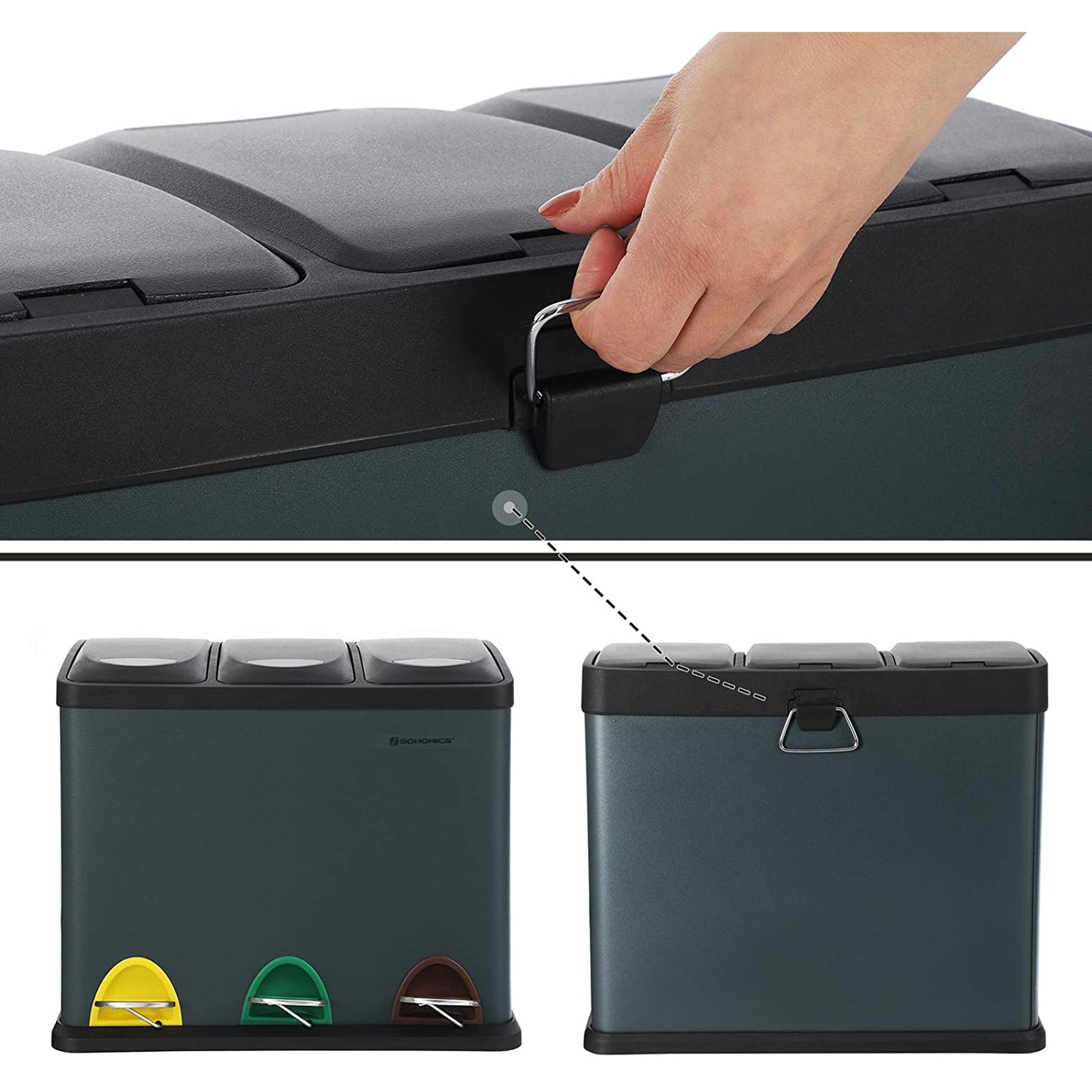Poubelle Nancy's 24L - Poubelle Tri des Déchets - Poubelle à Pédale Acier Inoxydable - Poubelle 3 en 1 - Gris Fumée