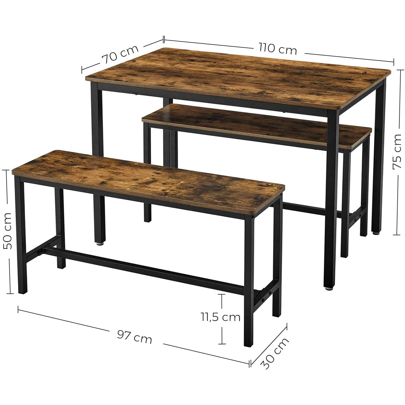 Table à manger de Nancy avec 2 bancs - Pour 4 personnes - Table de cuisine - Table industrielle - Table de salle à manger - 110 x 75 x 75 cm