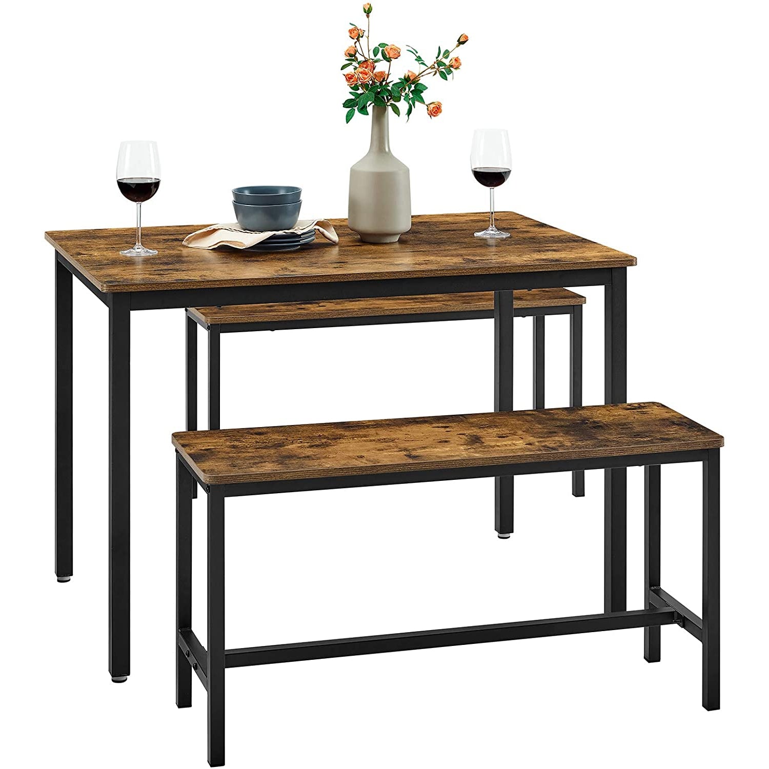 Nancy's Brunhais Eettafel met 2 Banken - Voor 4 Personen - Keukentafel - Eetkamertafel - Bruin ./ Zwart - 110 x 75 x 75 cm