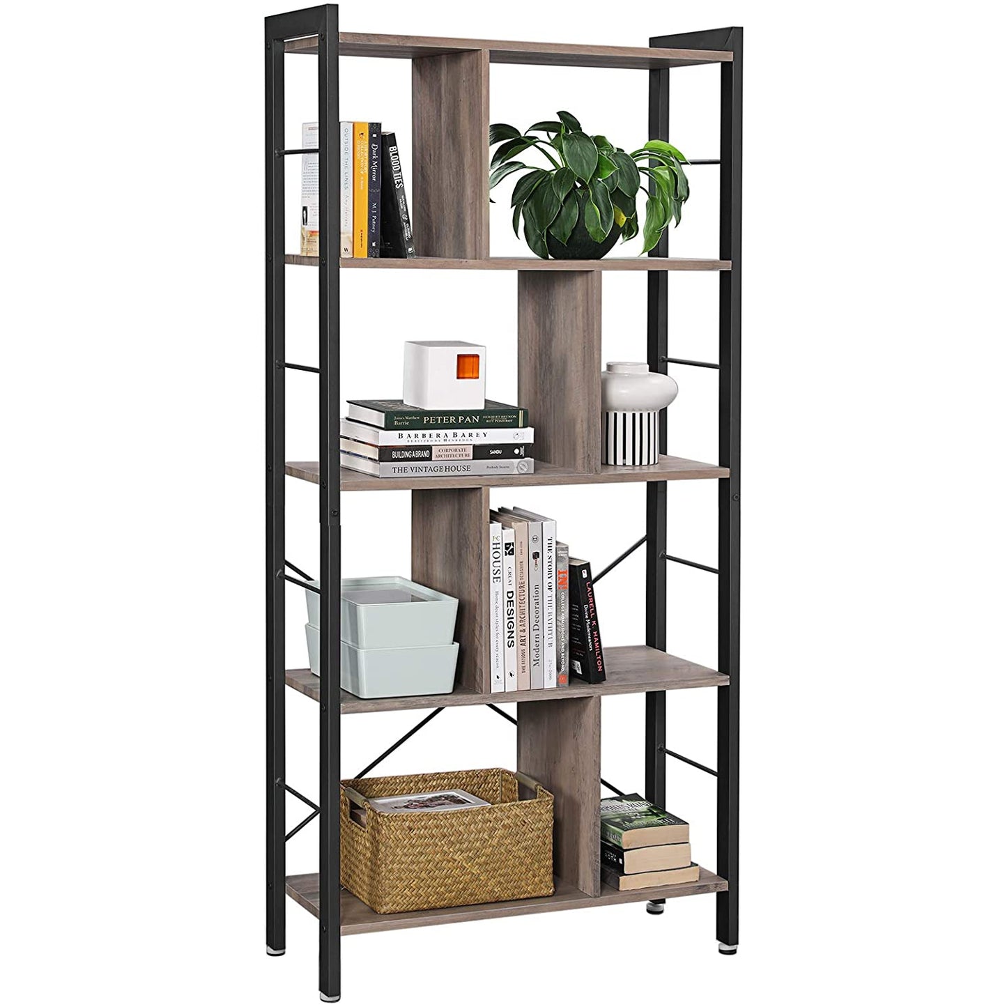 Nancy's Steve 2 Boekenkast - Boekenkasten - Industrieel - Hout - IJzeren Frame - Grijs/Zwart - 74 x 30 x 154,5 cm (L x B x H)