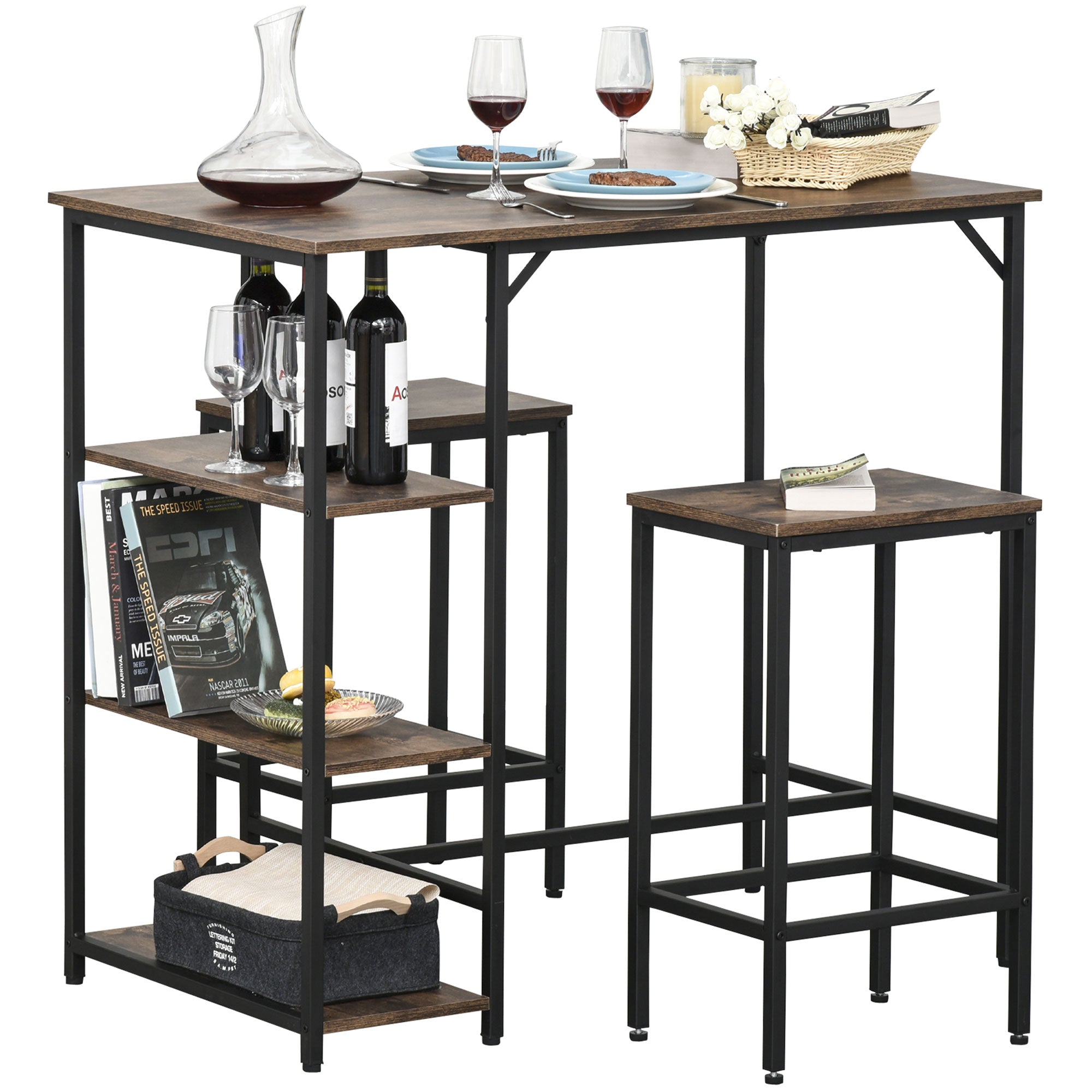 Nancy's Laie Bar Table Set - 2 Bar Stools - High Table - Steel - Black/Brown - 109 x 60 x 100 cm