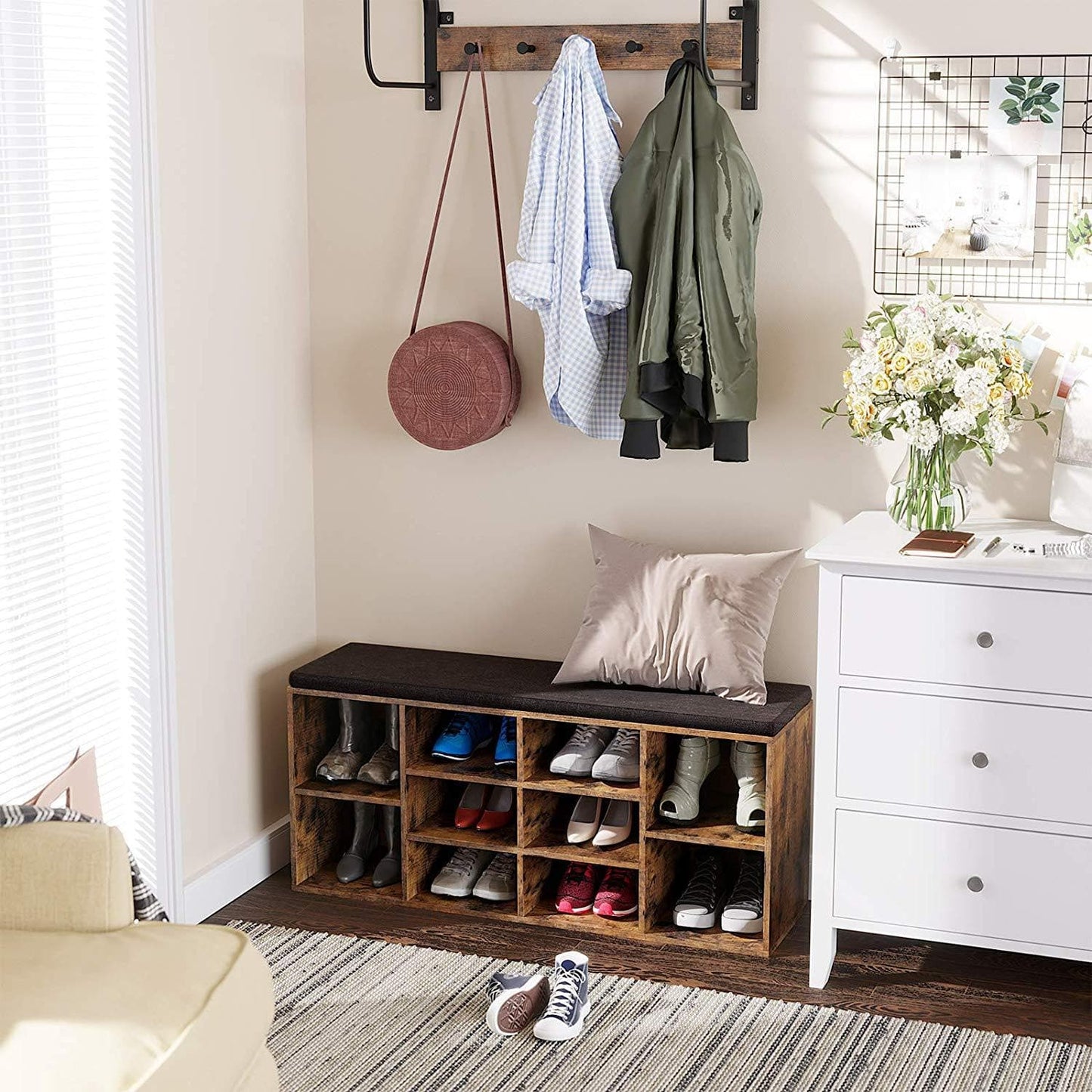 Nancy's Edison Schoenenbank - Schoenenrek - 10 Paar Schoenen - Schoenenkast - Vintage Bruin - ± 105 x 30 x 50 cm