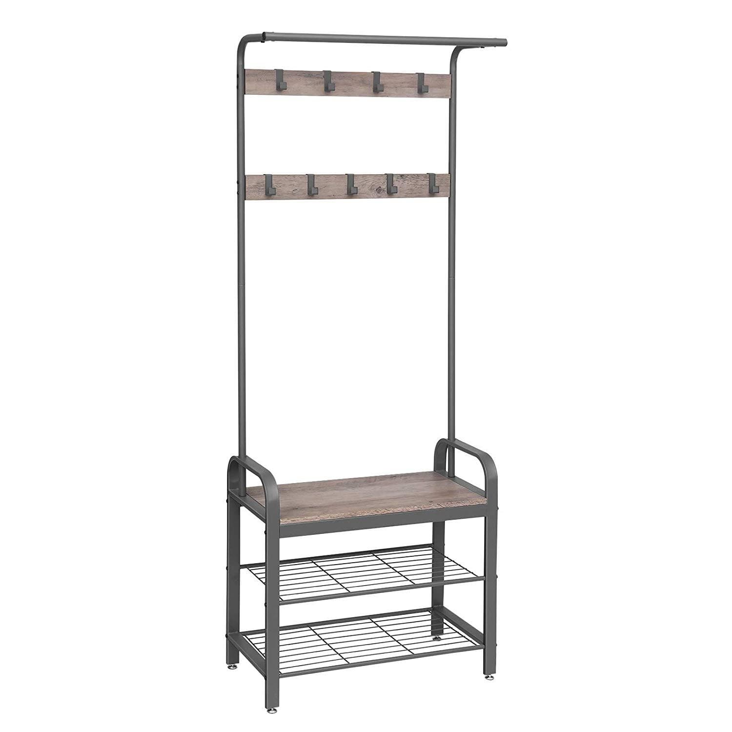 Nancy's Sheffield Garderoberek - Kapstok - Schoenenrek en Bank - Grijs / Zwart - ± 70 x 35 x 180 cm