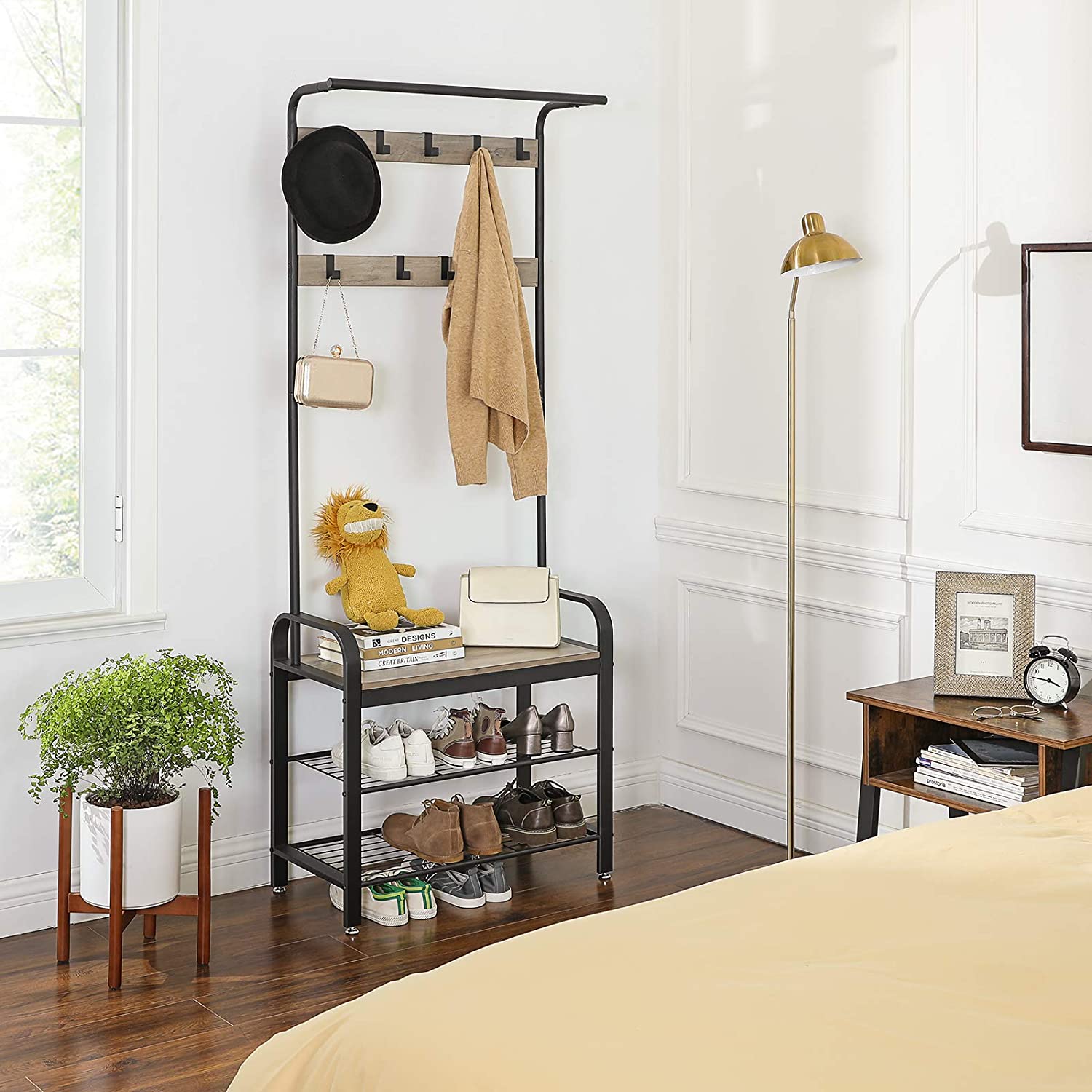 Nancy's Sheffield Garderoberek - Kapstok - Schoenenrek en Bank - Grijs / Zwart - ± 70 x 35 x 180 cm