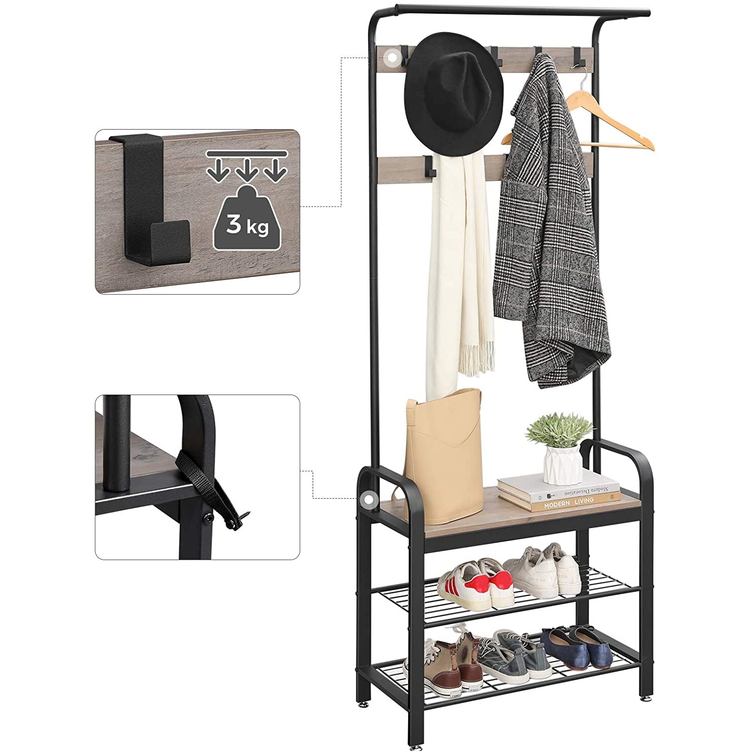 Nancy's Sheffield Garderoberek - Kapstok - Schoenenrek en Bank - Grijs / Zwart - ± 70 x 35 x 180 cm