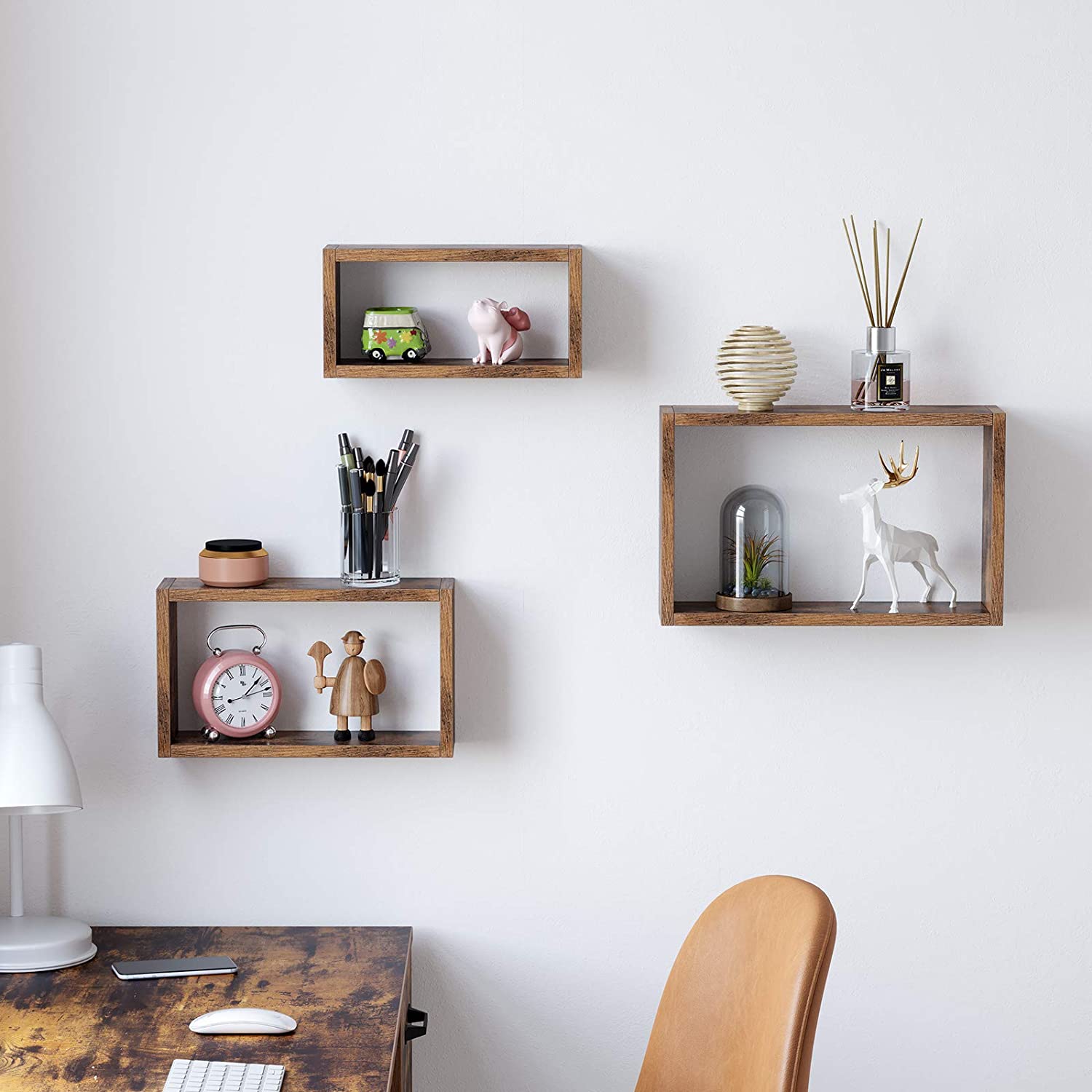 Nancy's Wandplank Industrieel Hout - Set van 3 - Zwevend - Wandplanken - Kubusplanken - Lengte 40/35/30 cm - Vintage bruin
