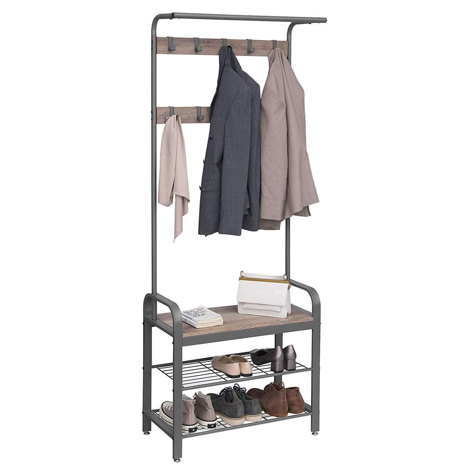 Nancy's Sheffield Garderoberek - Kapstok - Schoenenrek en Bank - Grijs / Zwart - ± 70 x 35 x 180 cm