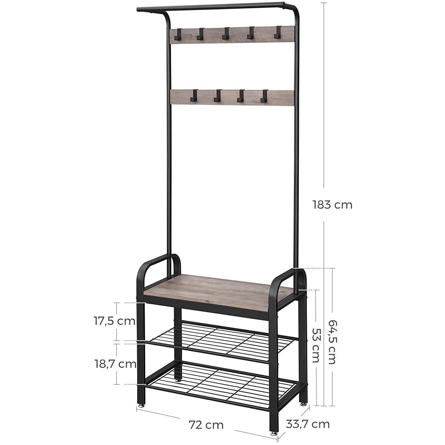 Nancy's Sheffield Garderoberek - Kapstok - Schoenenrek en Bank - Grijs / Zwart - ± 70 x 35 x 180 cm