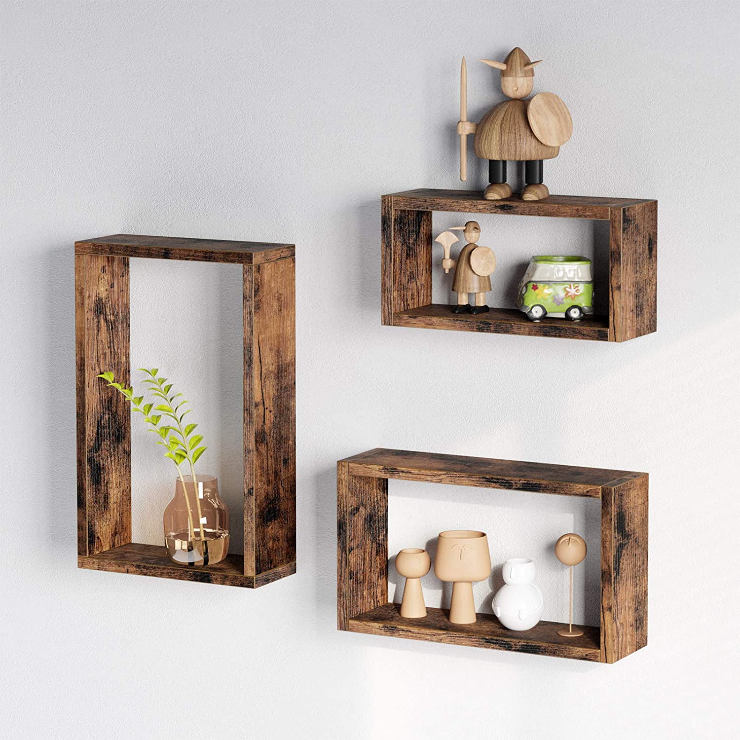 Nancy's Wandplank Industrieel Hout - Set van 3 - Zwevend - Wandplanken - Kubusplanken - Lengte 40/35/30 cm - Vintage bruin