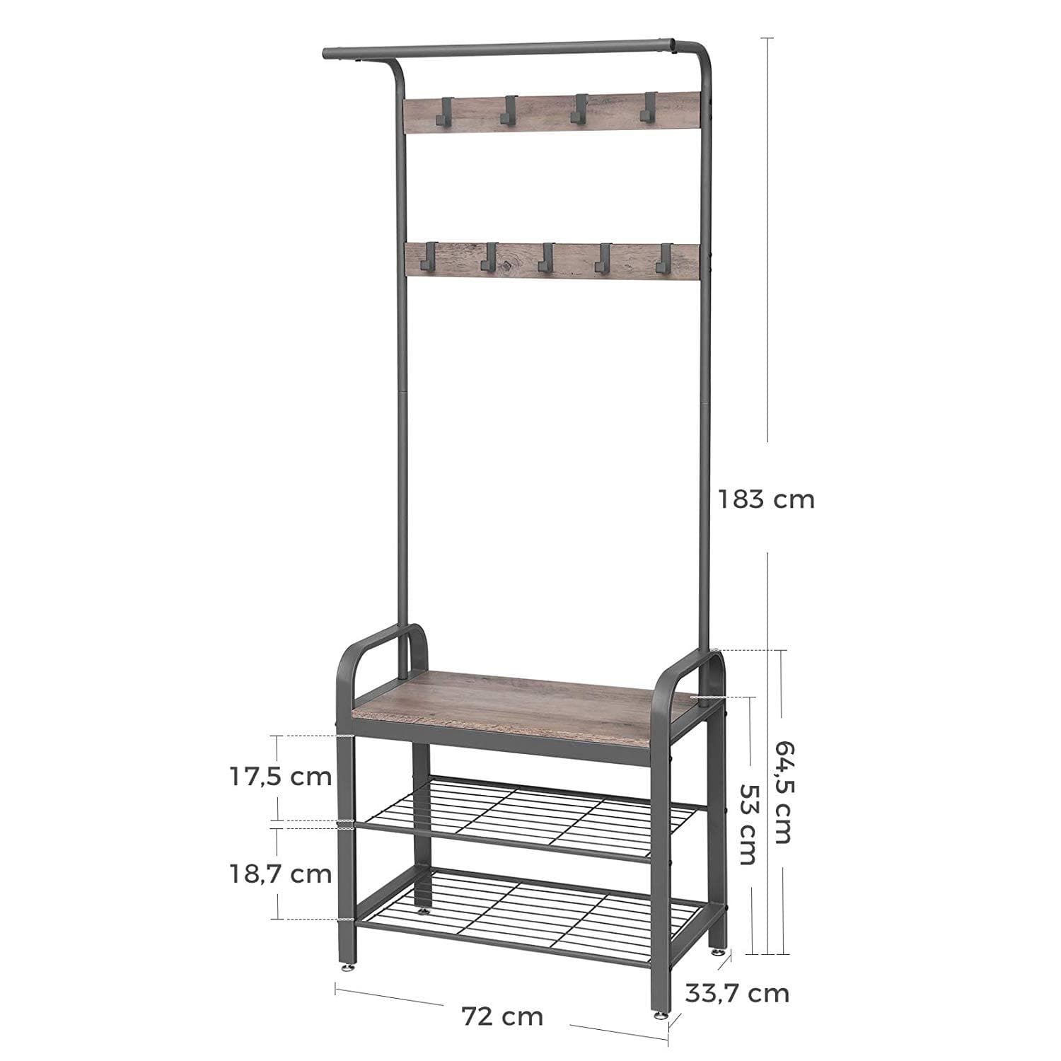 Nancy's Sheffield Garderoberek - Kapstok - Schoenenrek en Bank - Grijs / Zwart - ± 70 x 35 x 180 cm