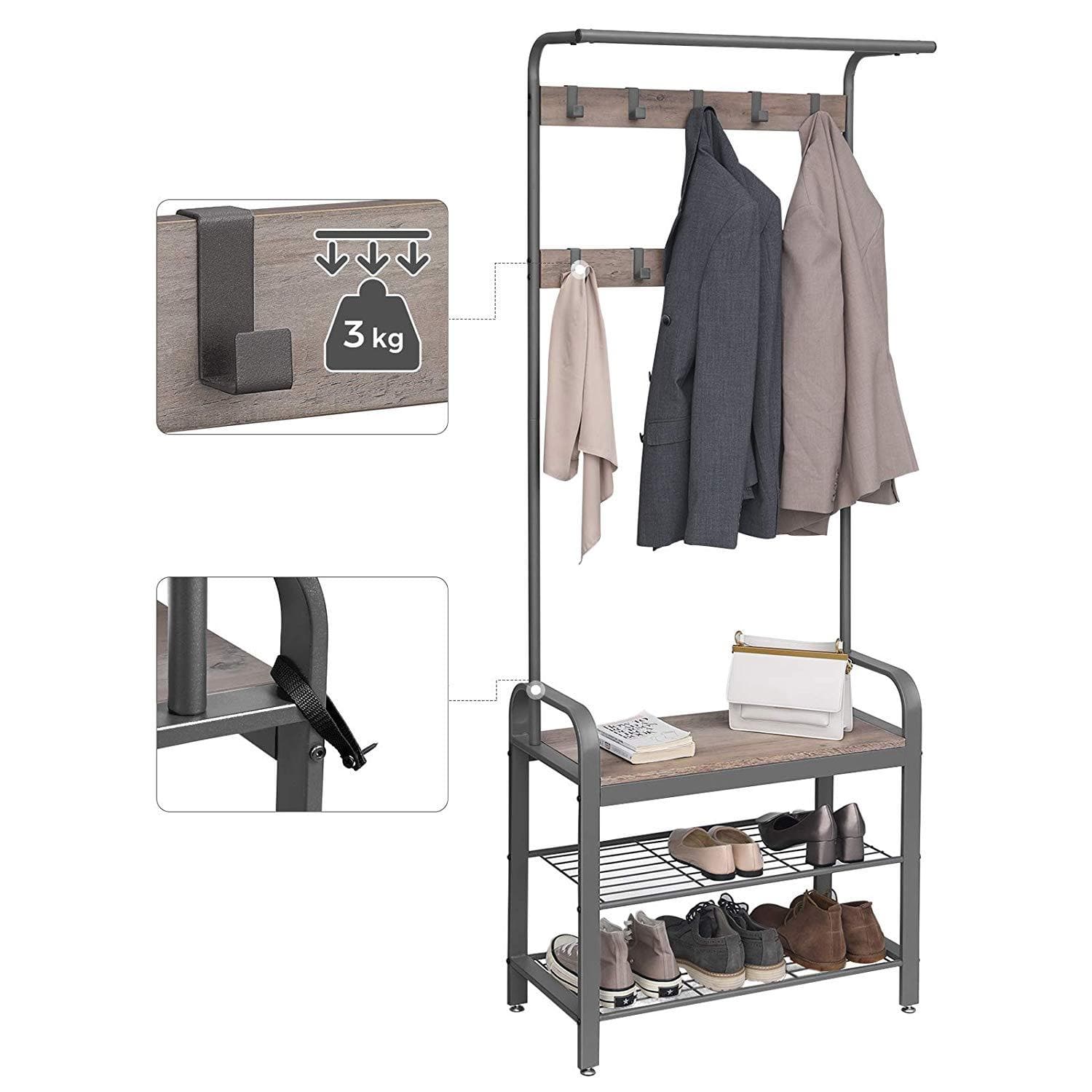Nancy's Sheffield Garderoberek - Kapstok - Schoenenrek en Bank - Grijs / Zwart - ± 70 x 35 x 180 cm