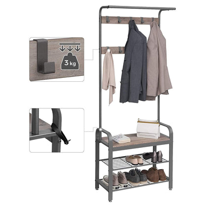Nancy's Sheffield Garderoberek - Kapstok - Schoenenrek en Bank - Grijs / Zwart - ± 70 x 35 x 180 cm
