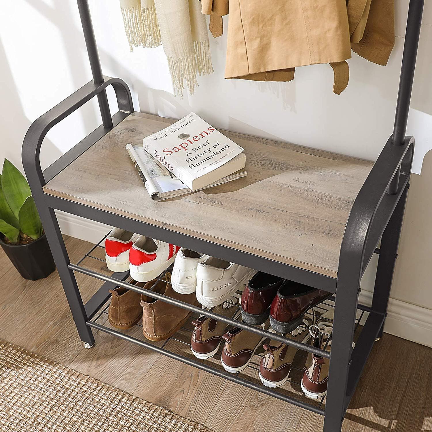 Nancy's Sheffield Garderoberek - Kapstok - Schoenenrek en Bank - Grijs / Zwart - ± 70 x 35 x 180 cm