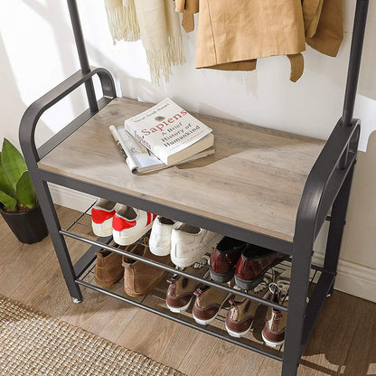 Nancy's Sheffield Garderoberek - Kapstok - Schoenenrek en Bank - Grijs / Zwart - ± 70 x 35 x 180 cm