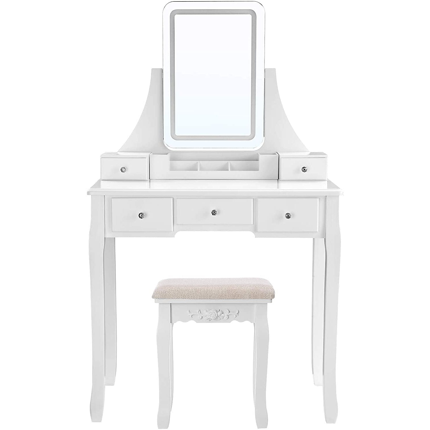 Nancy's Sophora Dressing Table with LED lighting - Make-up Table - Mirror - 5 Drawers - With Stool - White - 80 x 40 x 137.5 cm (lxwxh)