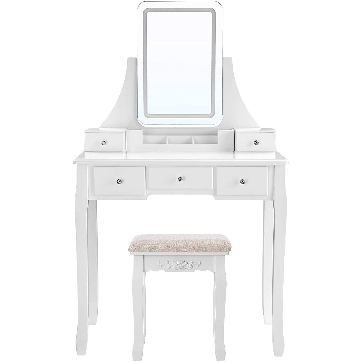 Coiffeuse Sophora de Nancy avec éclairage LED - Table de maquillage - Miroir - 5 tiroirs - Avec tabouret - Blanc - 80 x 40 x 137,5 cm (lxlxh)