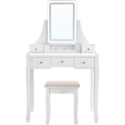 Coiffeuse Sophora de Nancy avec éclairage LED - Table de maquillage - Miroir - 5 tiroirs - Avec tabouret - Blanc - 80 x 40 x 137,5 cm (lxlxh)