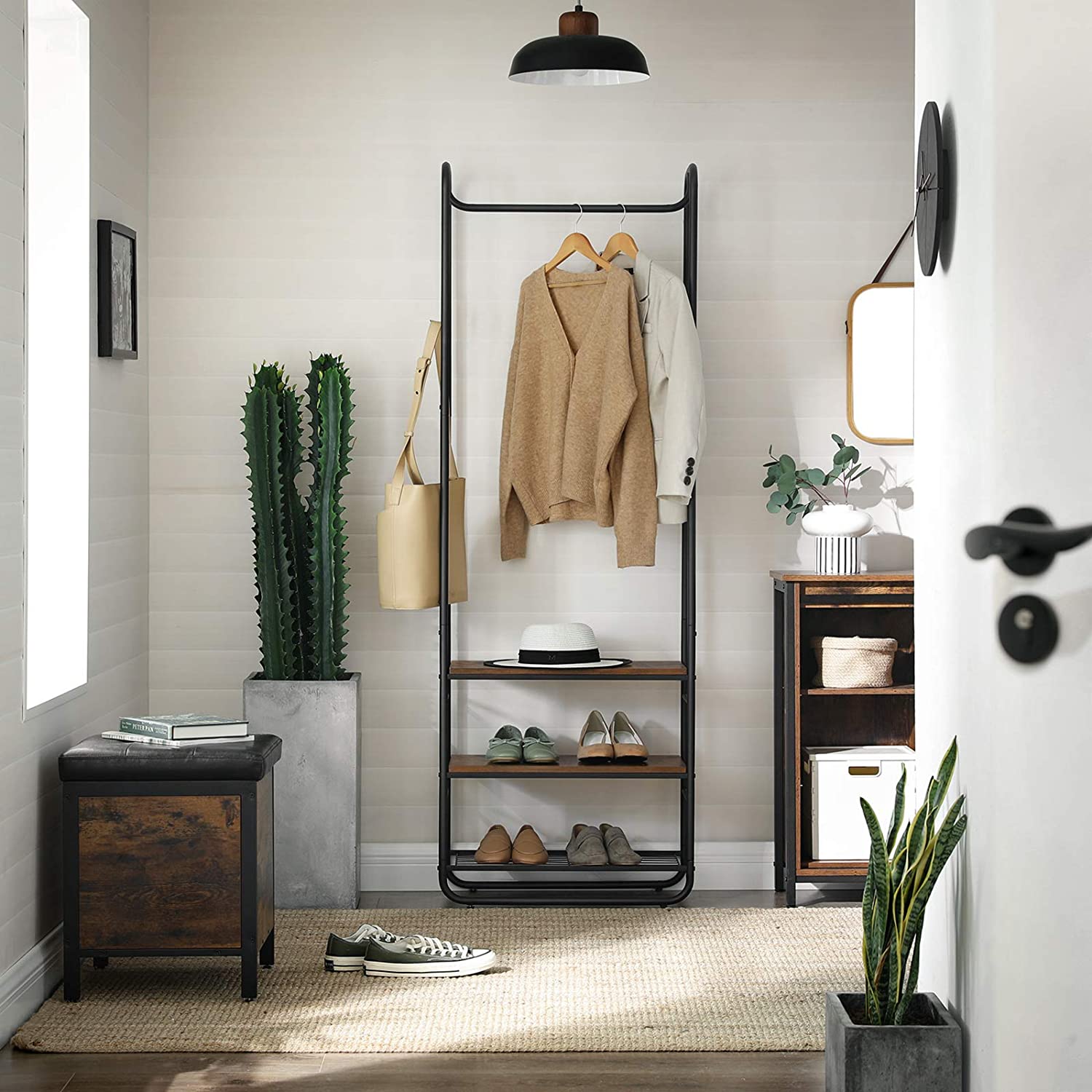 Nancy's Kapstok Staand - Kapstokken - Industrieel - Metaal - Hout - Bruin/Zwart - 58 x 28 x 181 cm