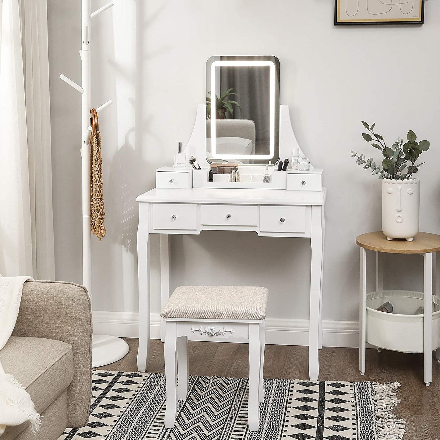 Coiffeuse Sophora de Nancy avec éclairage LED - Table de maquillage - Miroir - 5 tiroirs - Avec tabouret - Blanc - 80 x 40 x 137,5 cm (lxlxh)