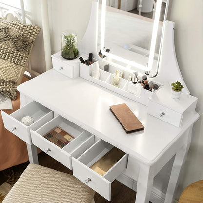 Coiffeuse Sophora de Nancy avec éclairage LED - Table de maquillage - Miroir - 5 tiroirs - Avec tabouret - Blanc - 80 x 40 x 137,5 cm (lxlxh)