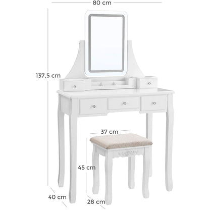 Coiffeuse Sophora de Nancy avec éclairage LED - Table de maquillage - Miroir - 5 tiroirs - Avec tabouret - Blanc - 80 x 40 x 137,5 cm (lxlxh)