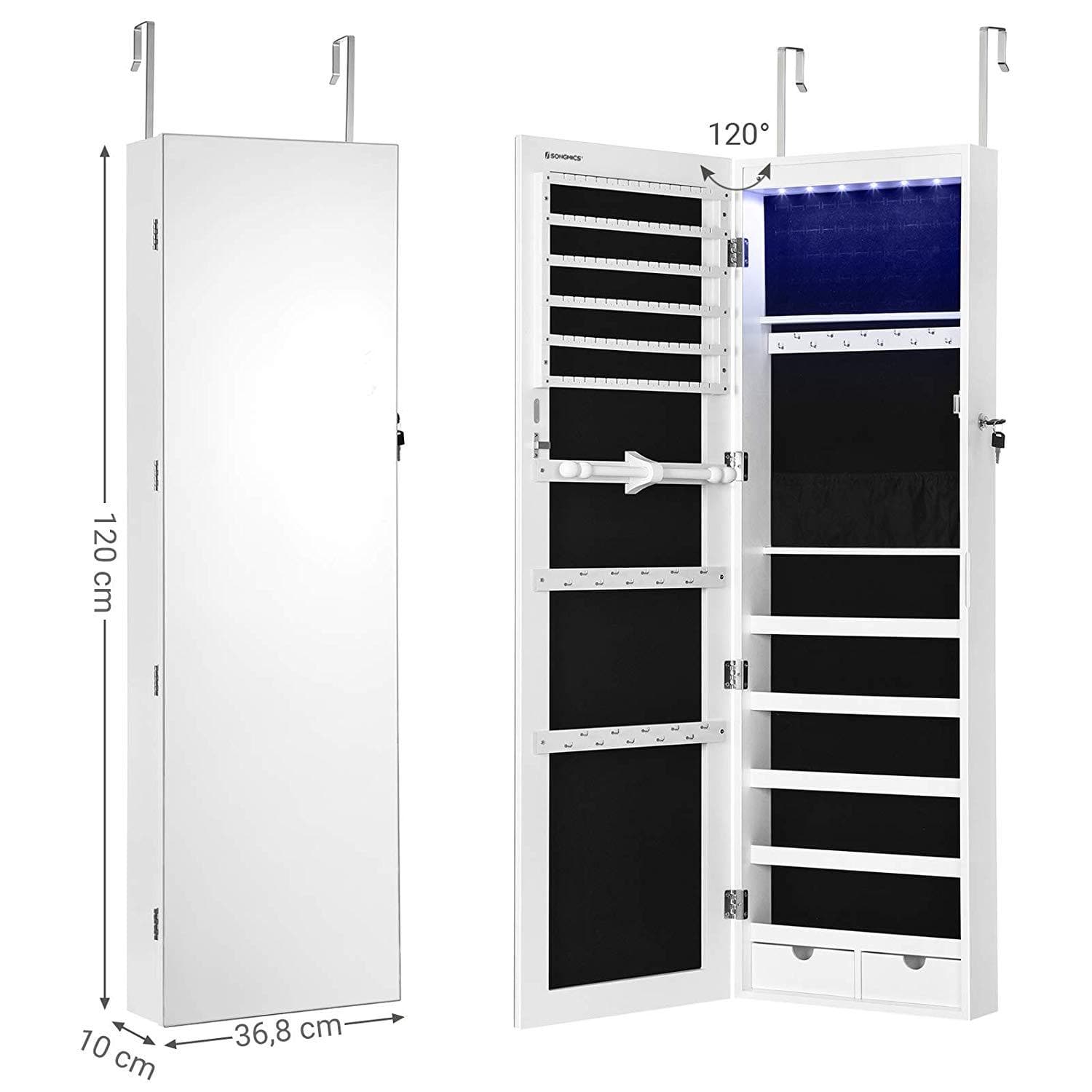 Tectake Sieradenkast Met Spiegel, Rechtopstaand, , Wit Tectake Sieradenkast Met Spiegel, Rechtopstaand, , Wit