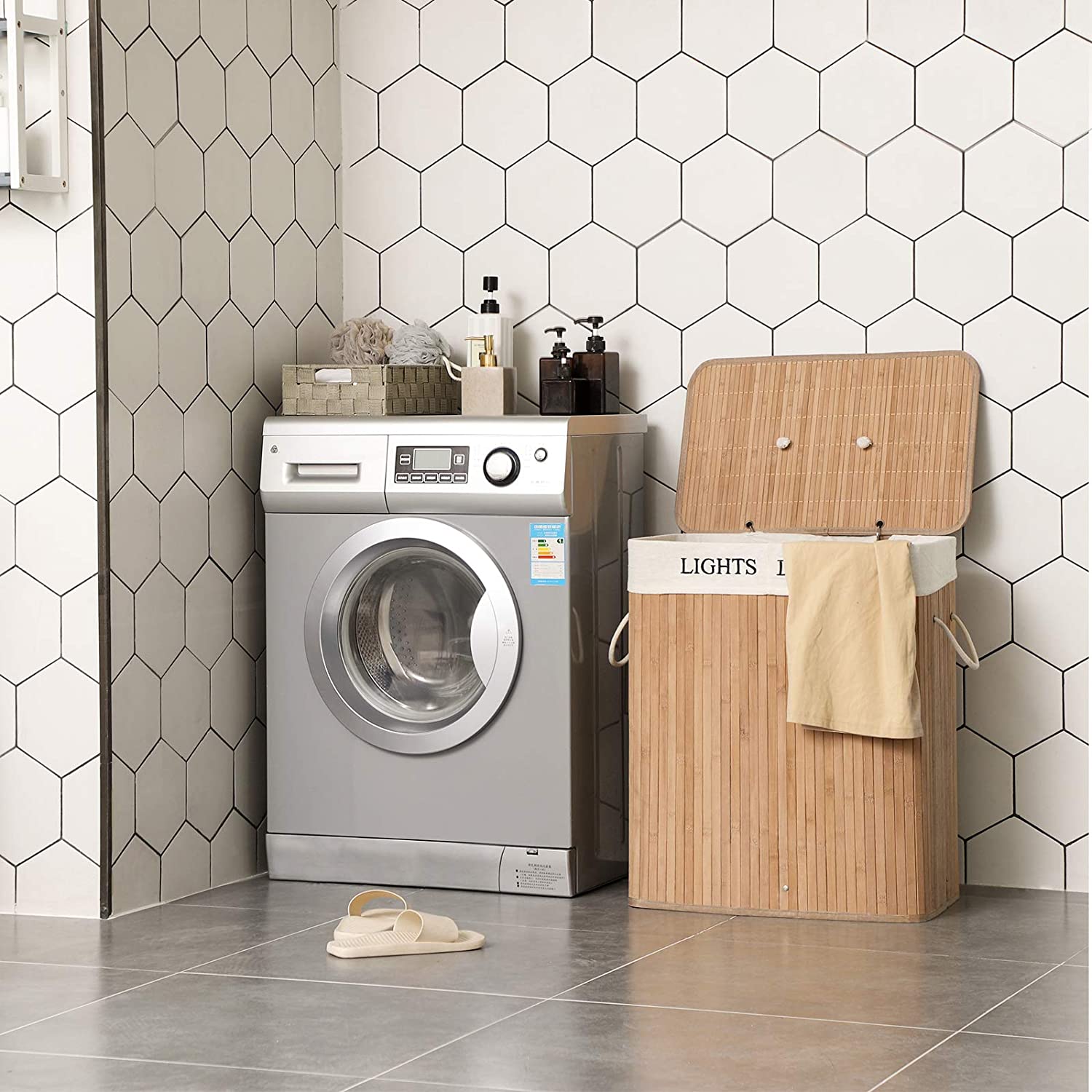 Nancy's Bamboe Wasmand Met 2 Vakken - 100L - Wasmanden - Wasmanden Met Deksel