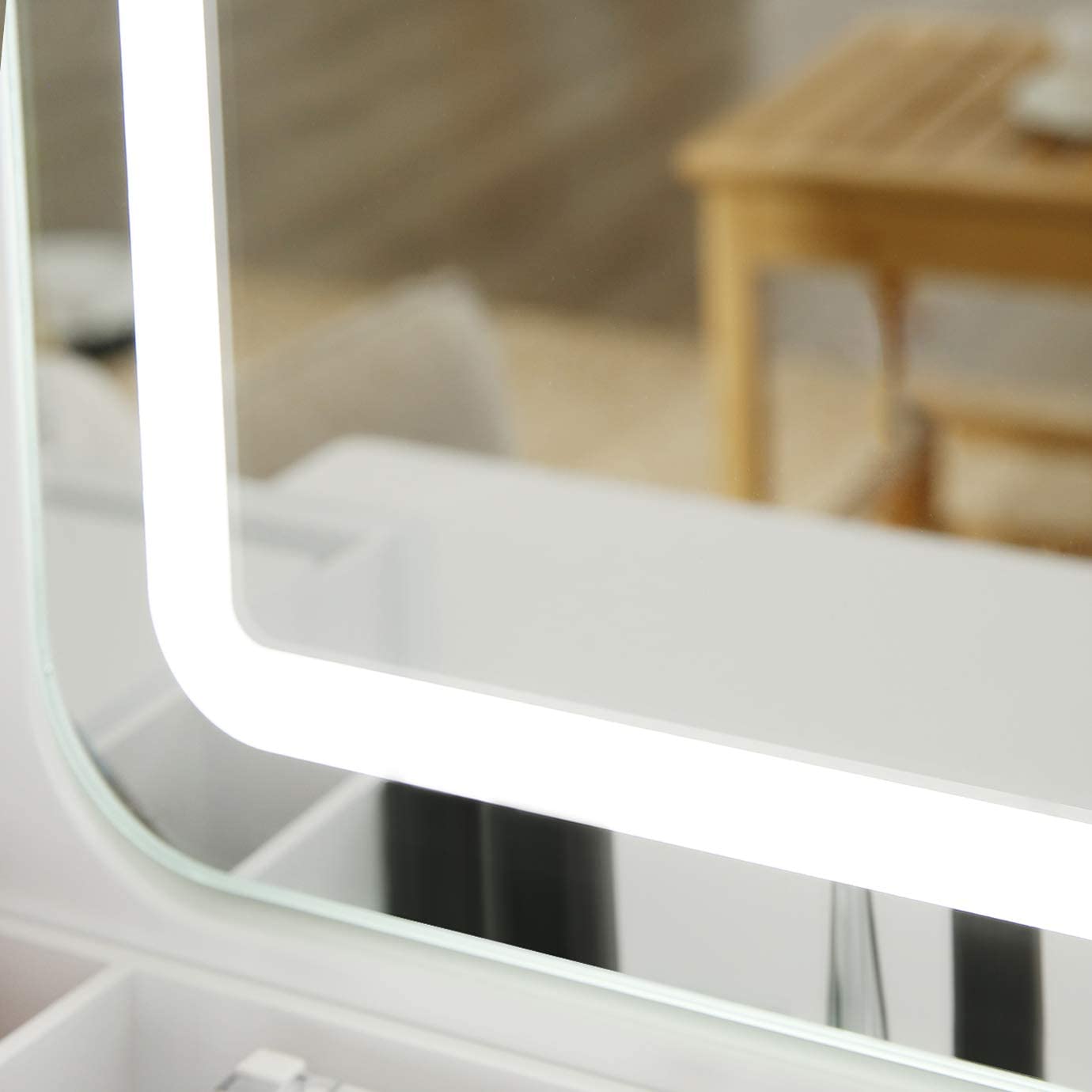 Coiffeuse Sophora de Nancy avec éclairage LED - Table de maquillage - Miroir - 5 tiroirs - Avec tabouret - Blanc - 80 x 40 x 137,5 cm (lxlxh)