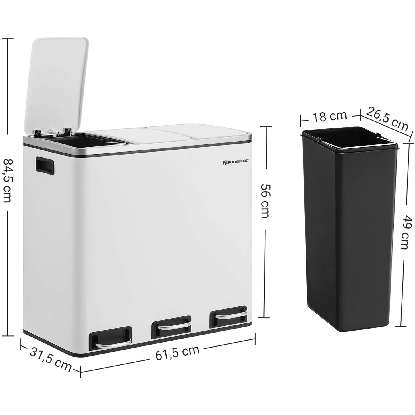 Nancy's Trash Bin 54L - Système de tri des déchets - 3 x 18 l - Poubelle à pédale - Poubelles de tri sélectif - Acier inoxydable - Blanc