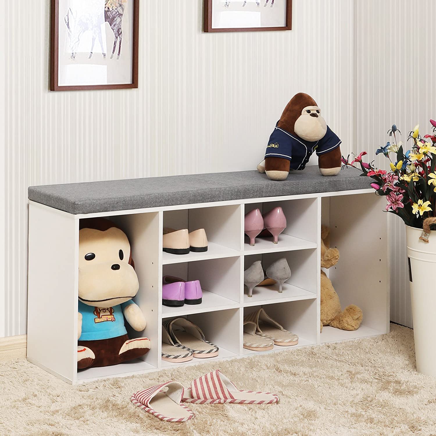 Nancy's Unhos Schoenenrek - Schoenenbank - Opbergbank - Wit / Grijs - ± 105 x 30 x 50 cm