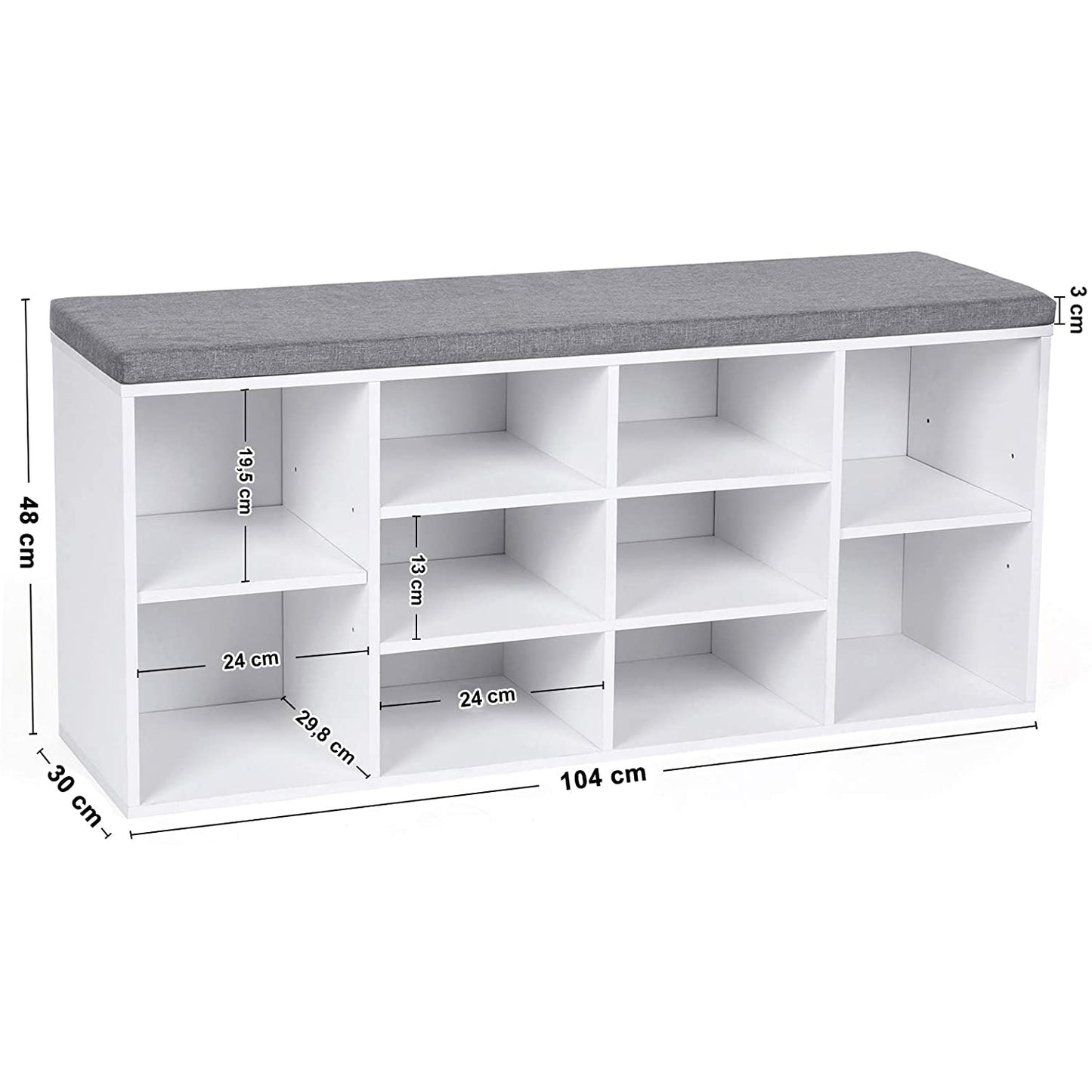 Nancy's Unhos Schoenenrek - Schoenenbank - Opbergbank - Wit / Grijs - ± 105 x 30 x 50 cm