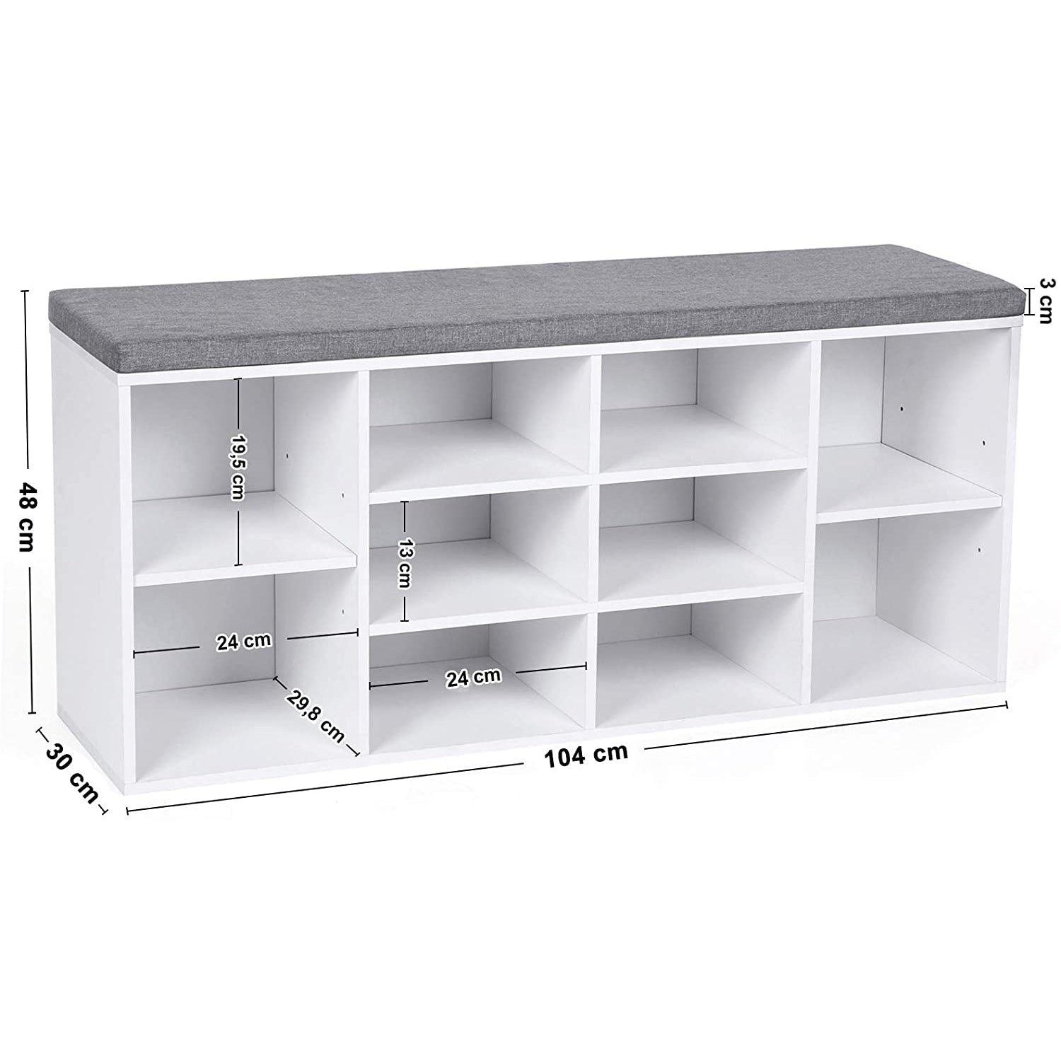 Nancy's Unhos Schoenenrek - Schoenenbank - Opbergbank - Wit / Grijs - ± 105 x 30 x 50 cm