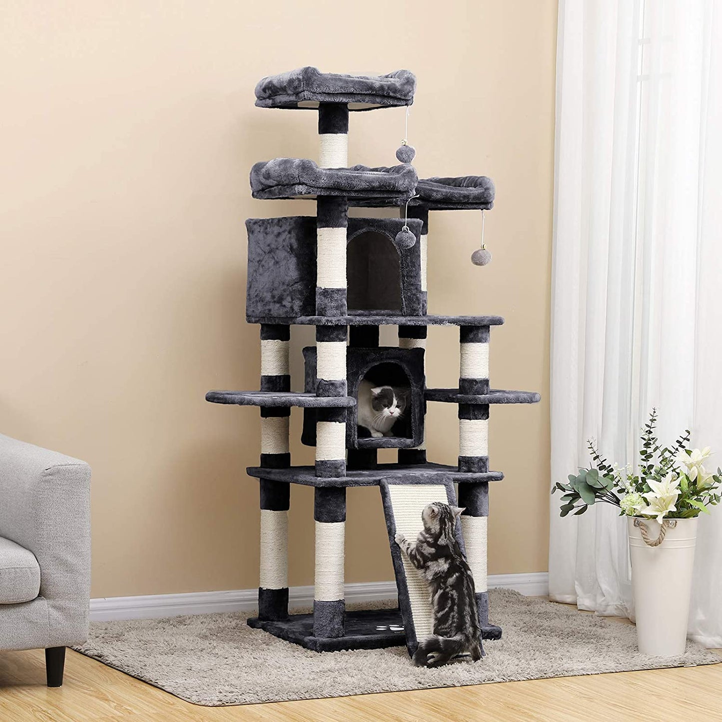 Nancy's Clacton Luxury Scratching Post for Cats - Cat Scratching Post - 5 Lying Places - Gray and White - 60 x 55 x 172 cm