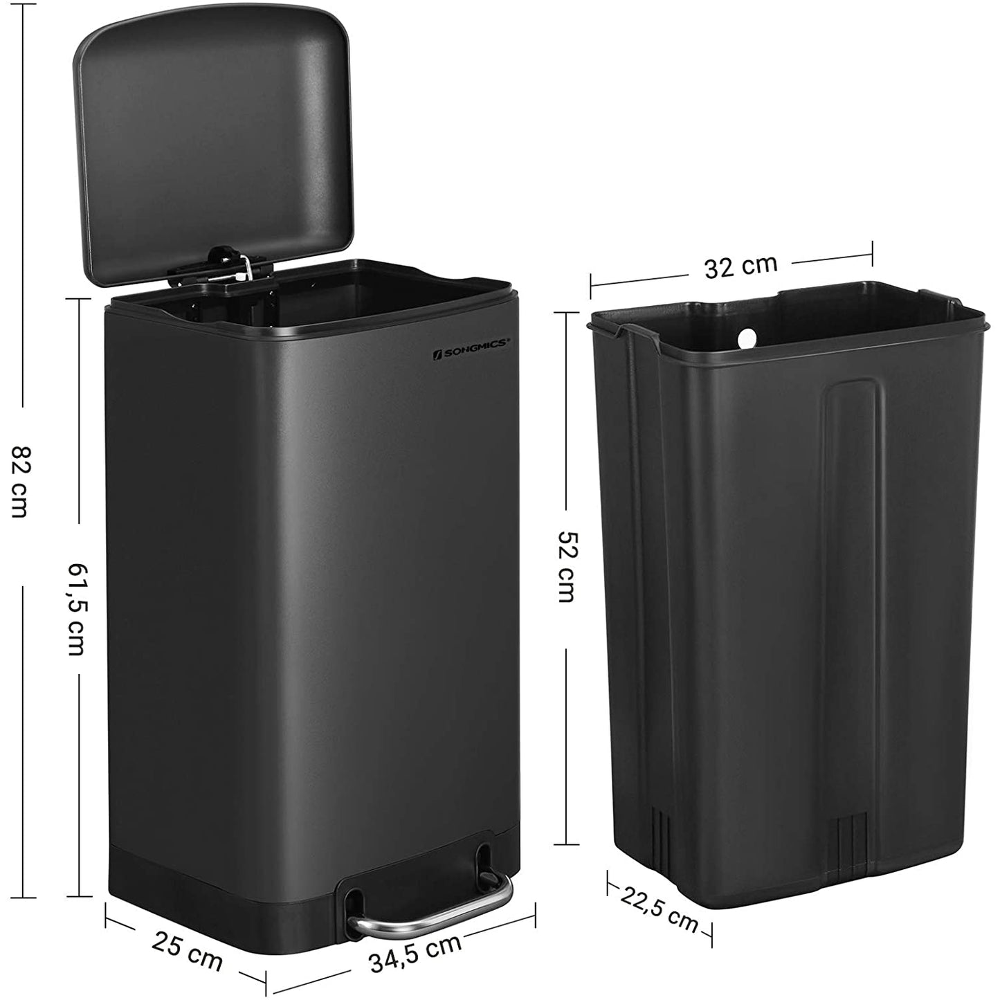 Nancy's Pedal Bin 30 L - Poubelles - Noir - 34,5 x 61,5 x 27,5 cm (L x H x P)