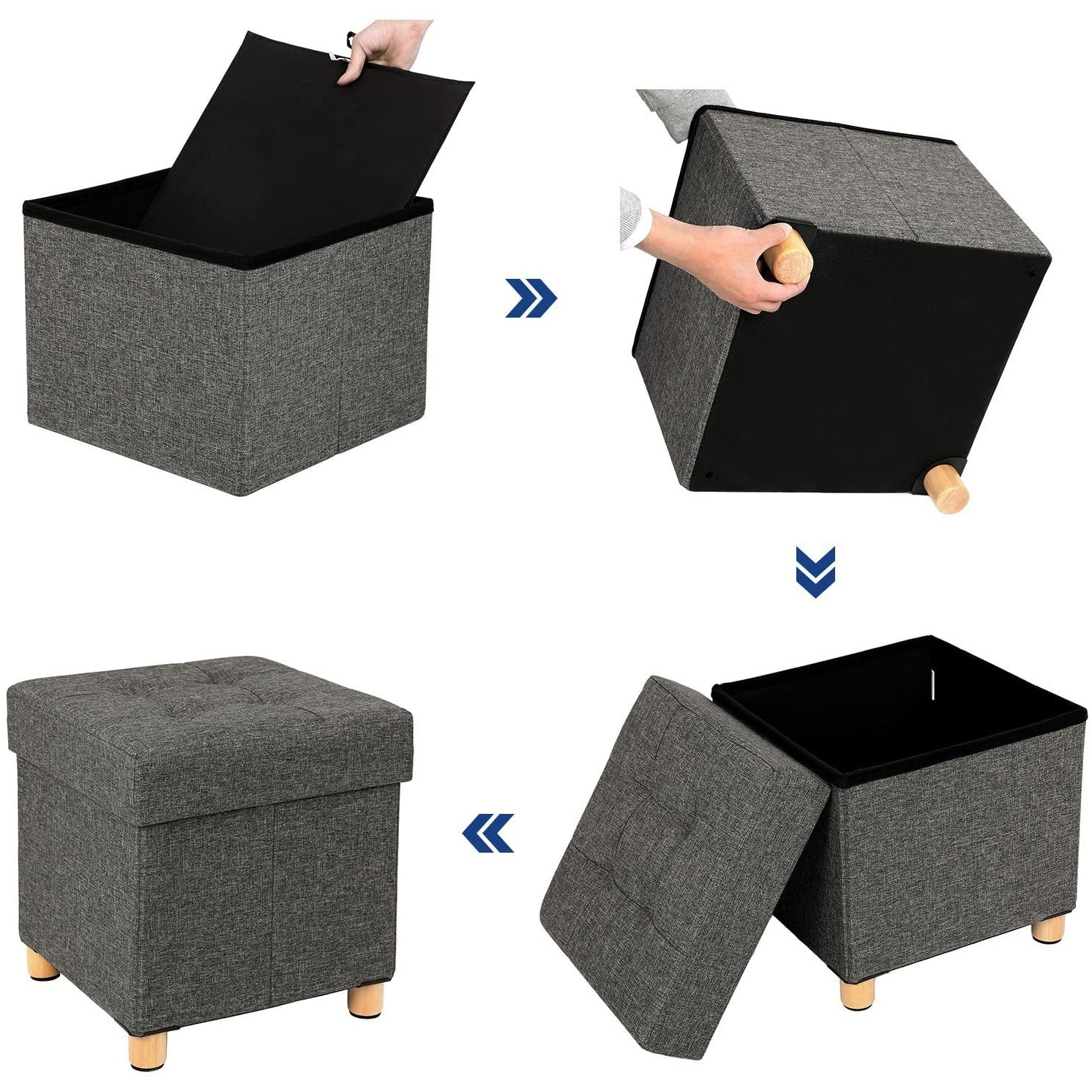 Nancy's Kleine Hocker - Zitstoel Met Opbergruimtes - Kruk Met Opslag - Poef - Grijs - ± 40 x 40 x 40 cm