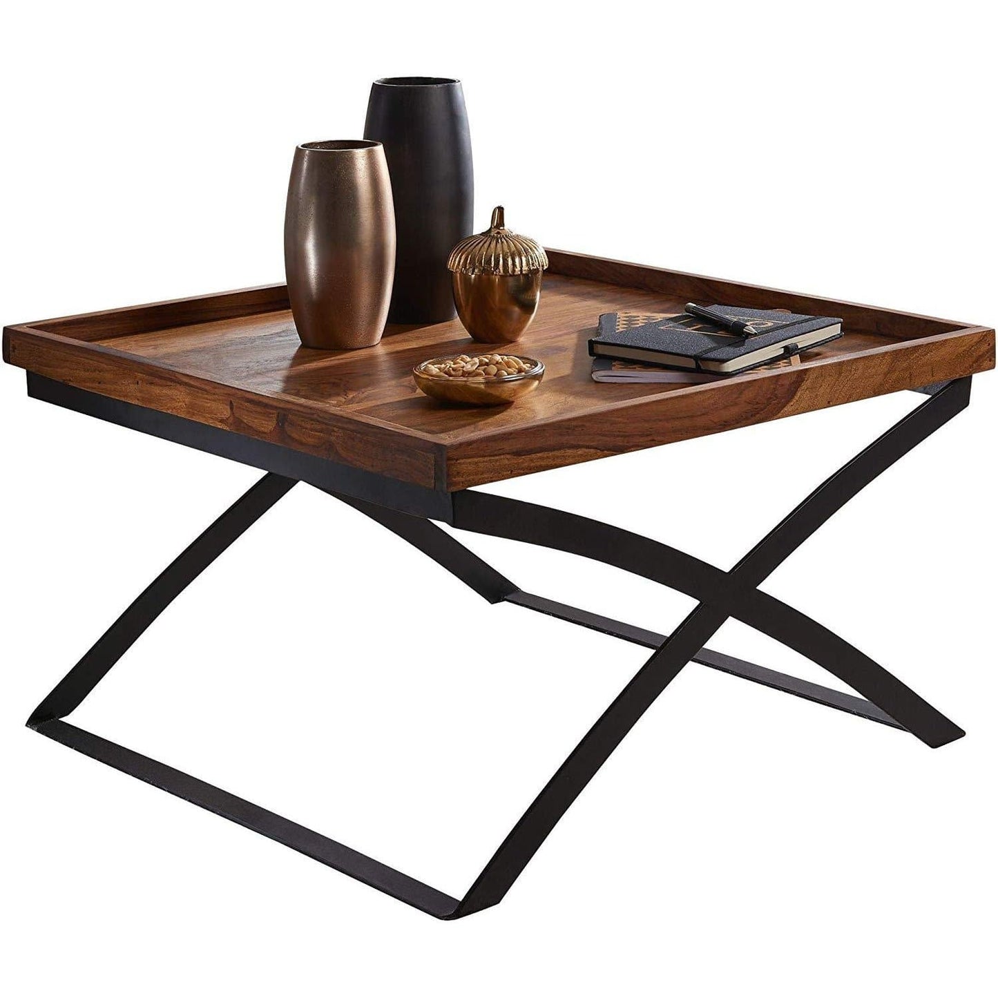 Table basse industrielle de Nancy - Table de salon en bois - Bois de Sesham - 63 x 39 x 63 cm