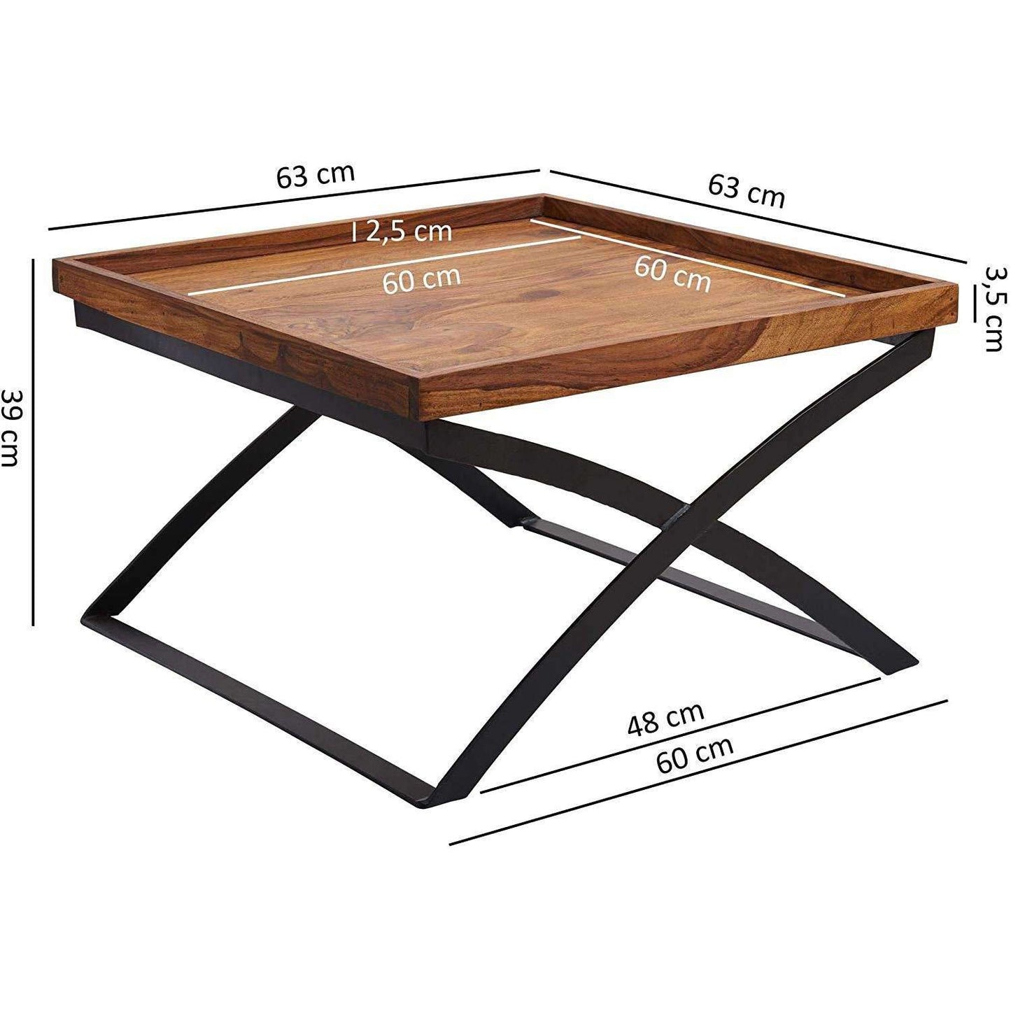 Table basse industrielle de Nancy - Table de salon en bois - Bois de Sesham - 63 x 39 x 63 cm