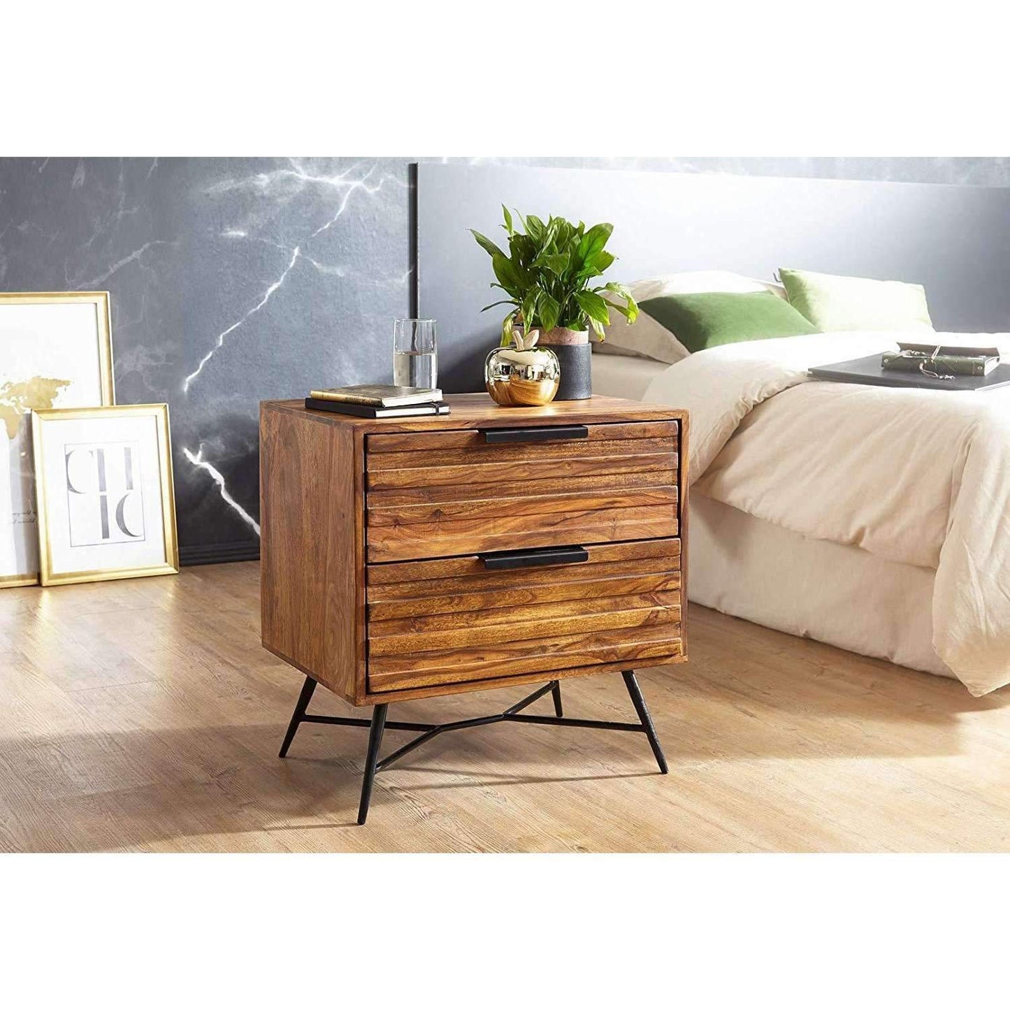 Nancy's Modern Bedside Table - Solid Wood Bedside Table - Sheesham - Industrial - 60 x 60 x 40 cm
