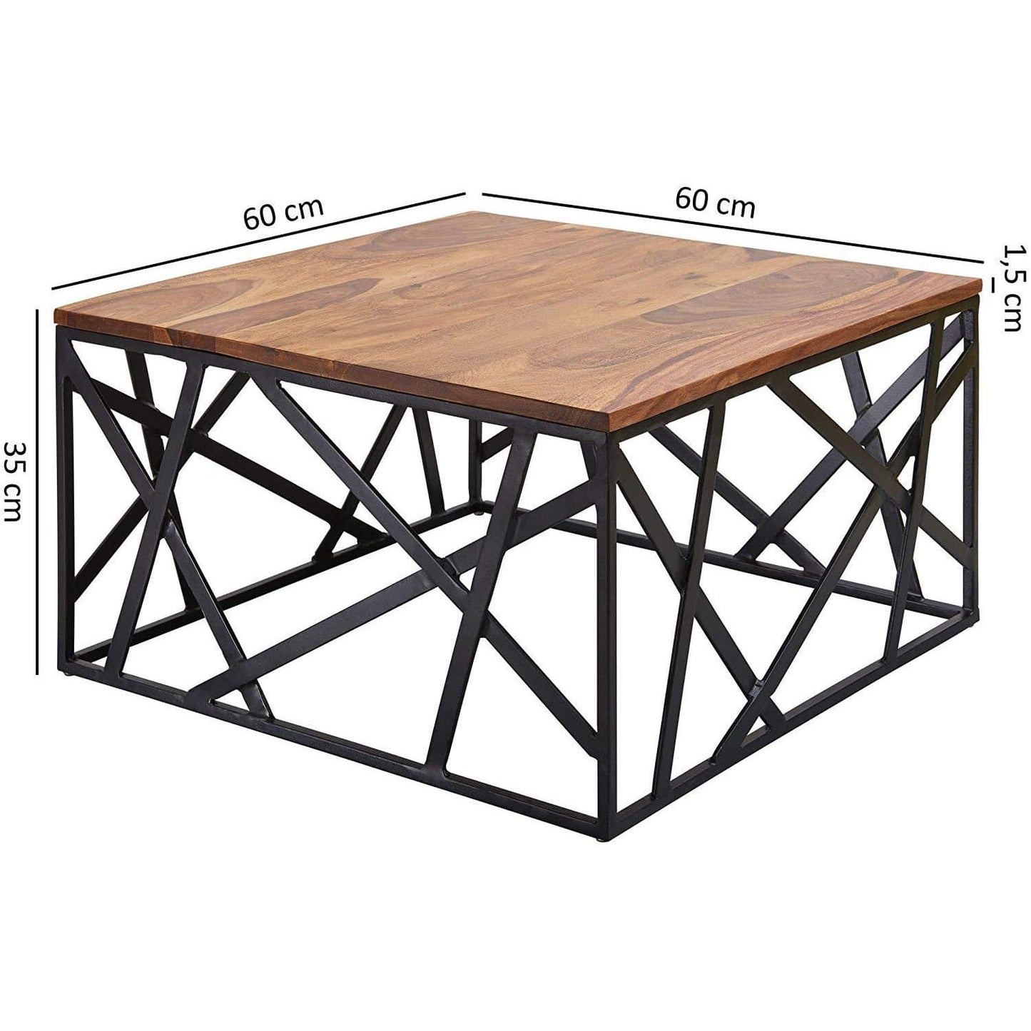 Table basse industrielle de Nancy - Structure en métal - Table de salon - Bois de Sheesham - 60 x 35 x 60 cm