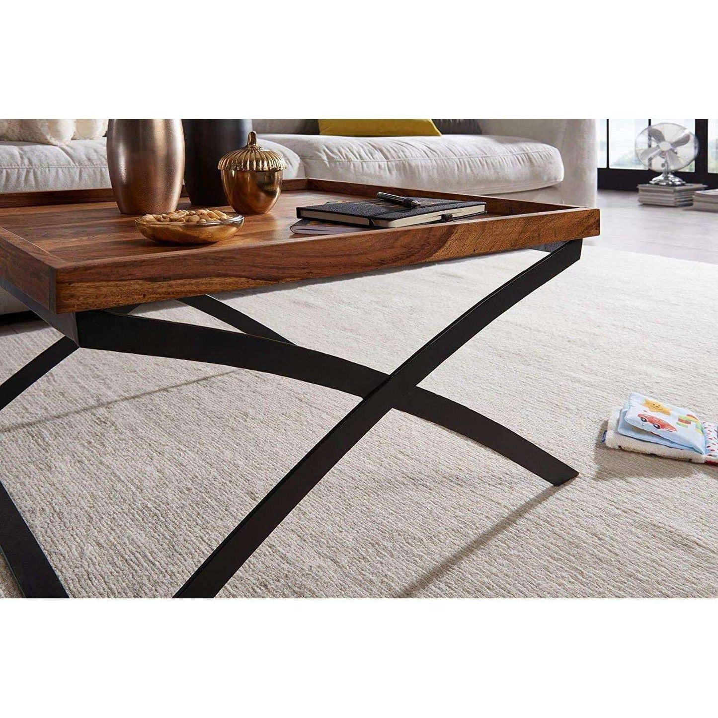 Table basse industrielle de Nancy - Table de salon en bois - Bois de Sesham - 63 x 39 x 63 cm