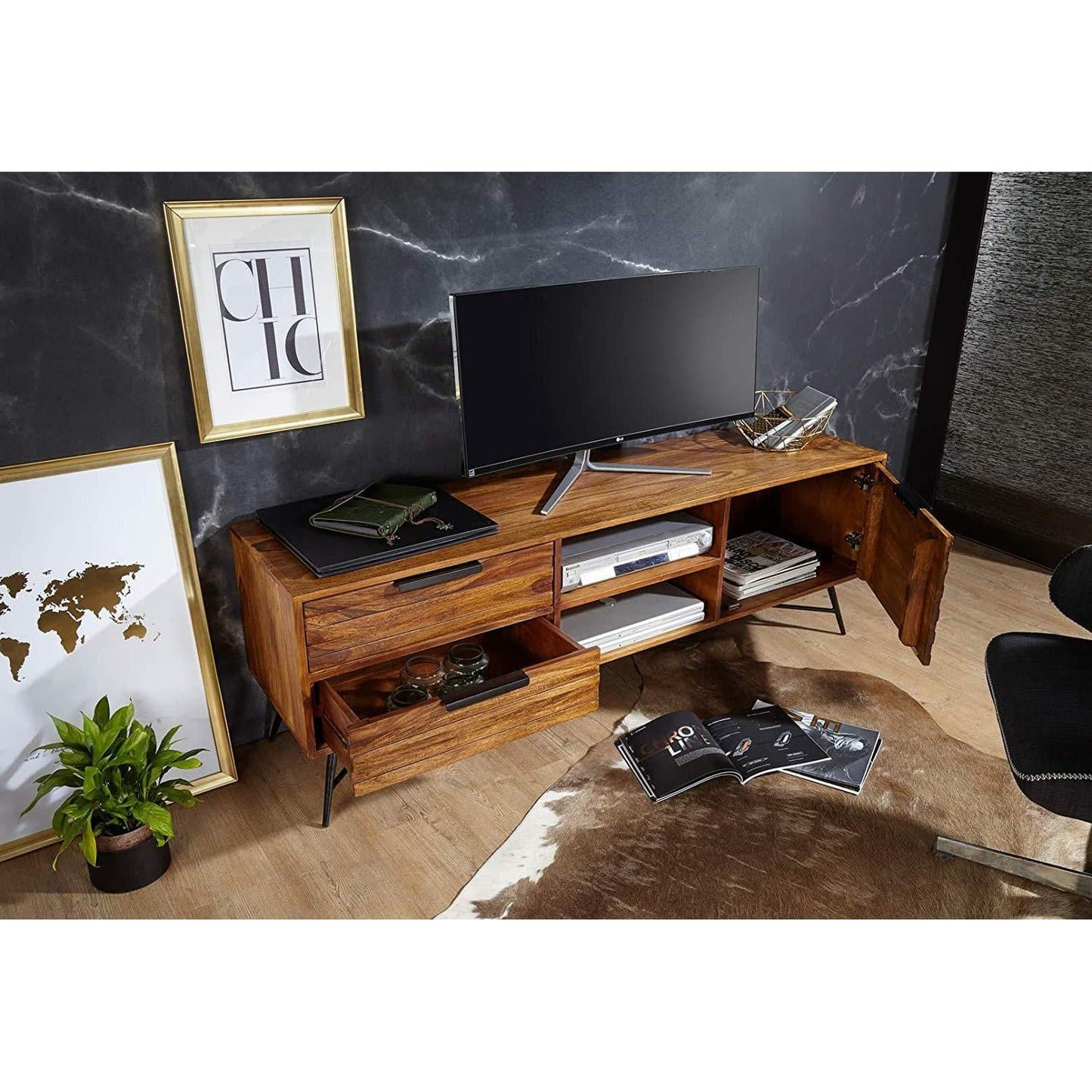 Meuble TV de Nancy - Meuble TV en bois massif - Lowbord Sheesham - Table basse - 160 x 54 x 40 cm